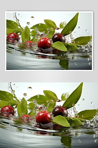 AI数字艺术樱桃不同水果掉进水中摄影图片