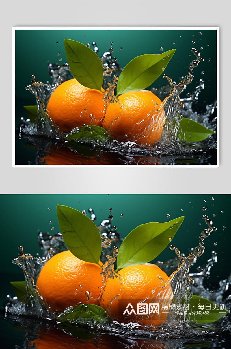 AI数字艺术橙子不同水果掉进水中摄影图片素材