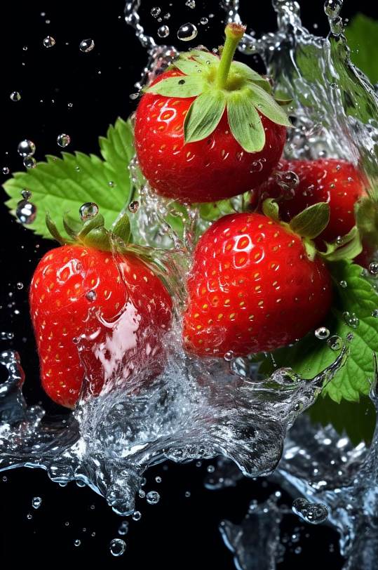 AI数字艺术草莓不同水果掉进水中摄影图片