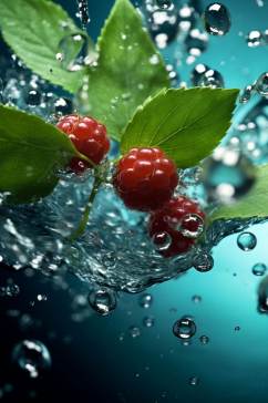 AI数字艺术树莓不同水果掉进水中摄影图片