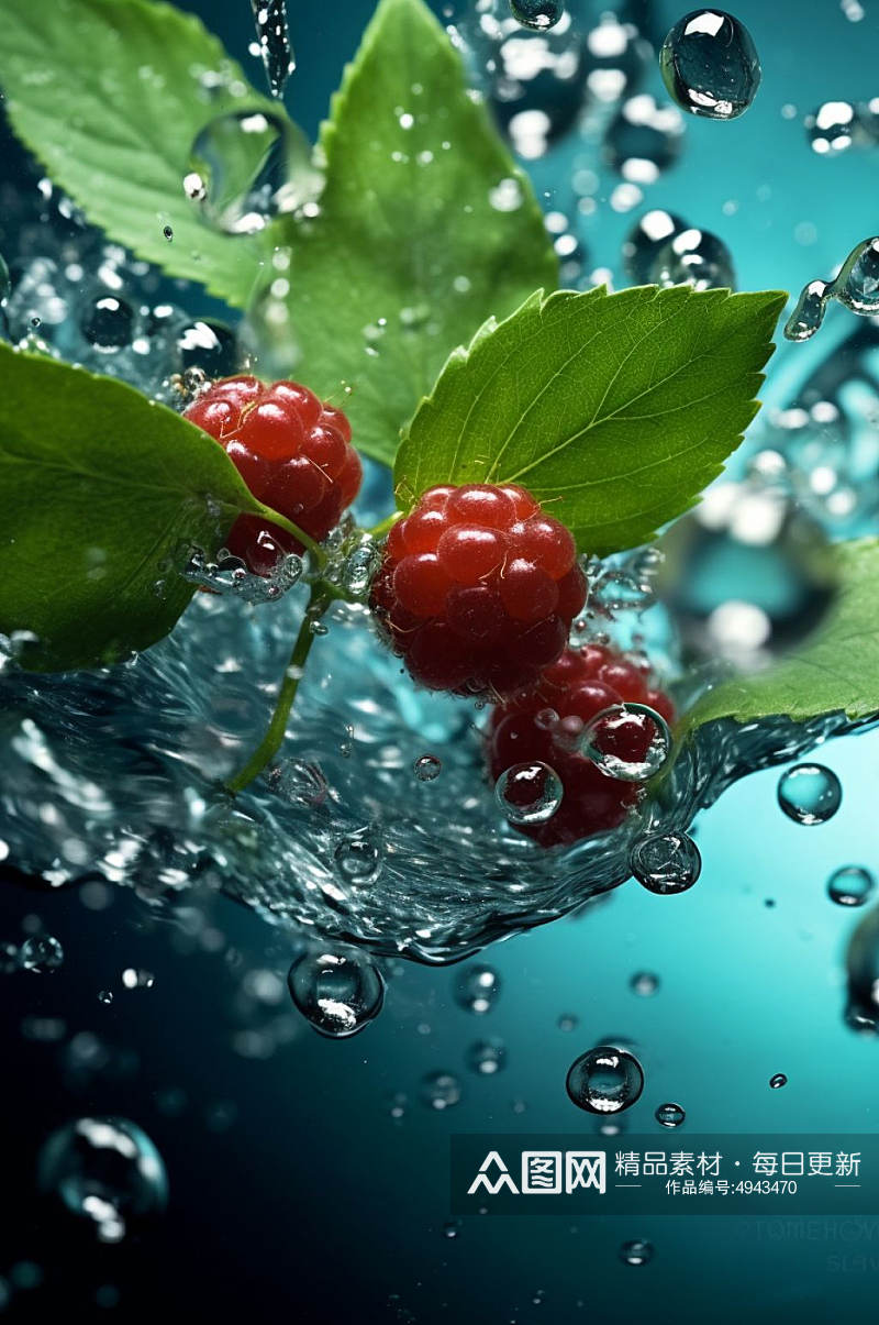 AI数字艺术树莓不同水果掉进水中摄影图片素材