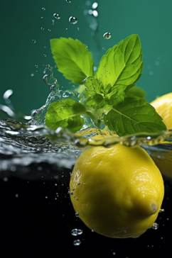 AI数字艺术柠檬不同水果掉进水中摄影图片