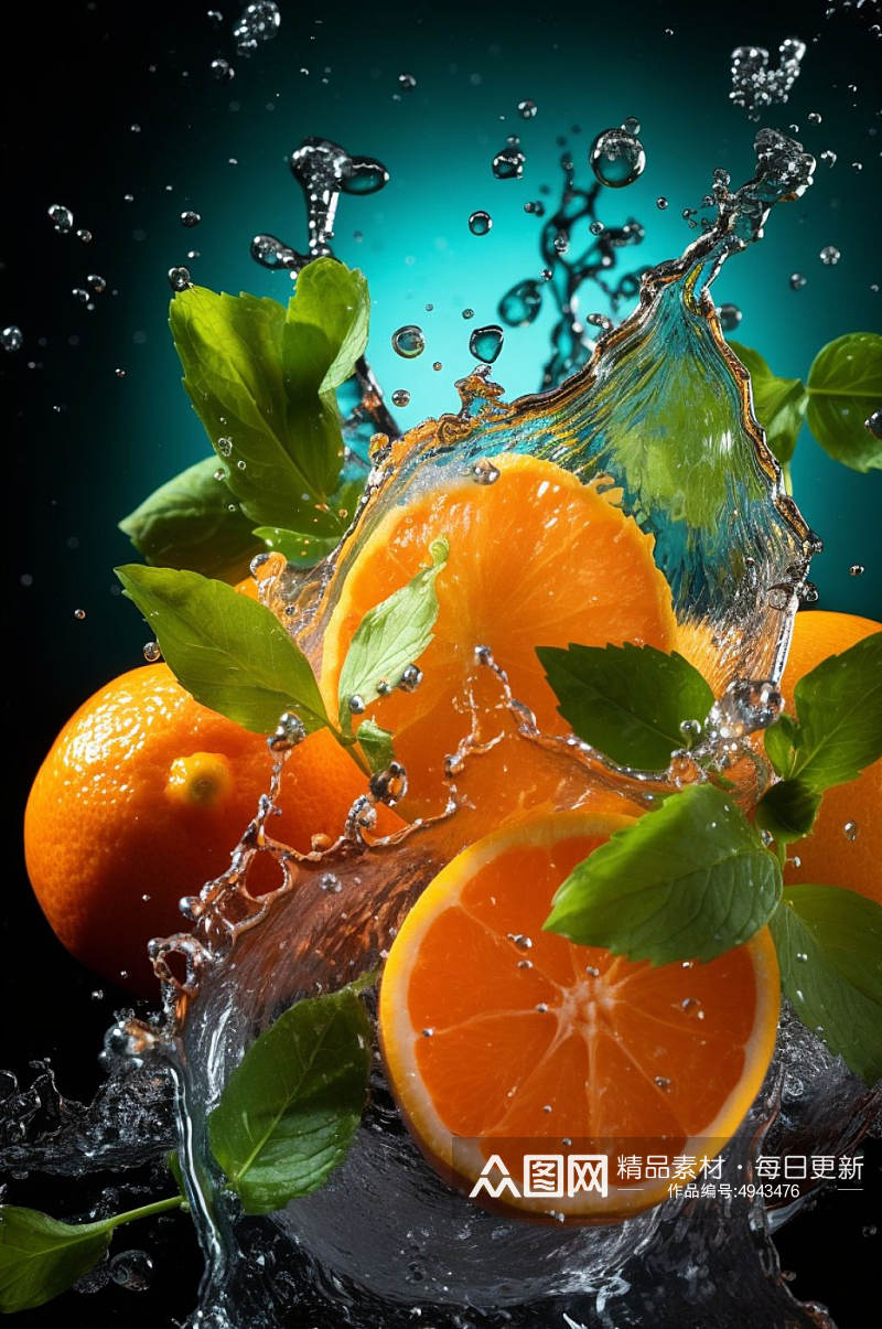 AI数字艺术橙子不同水果掉进水中摄影图片素材