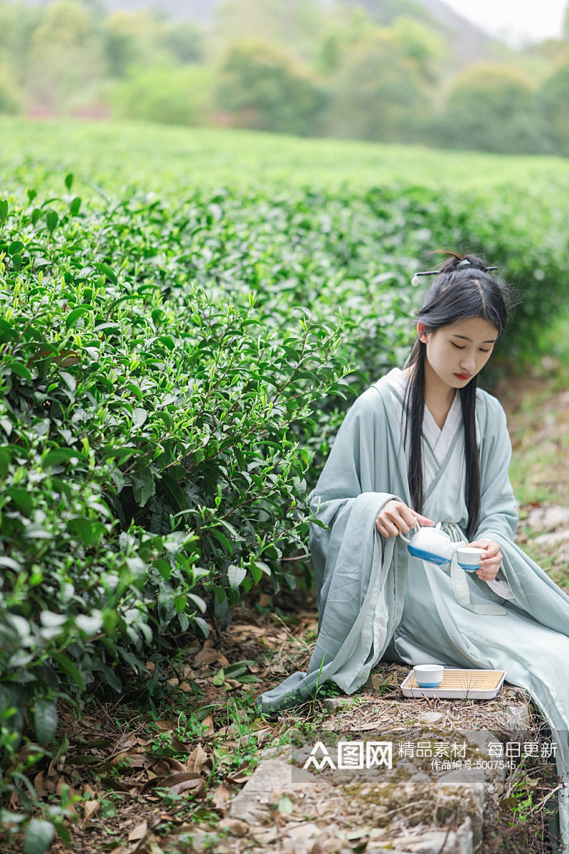 古风汉服品茗采茶少女人物摄影图片素材