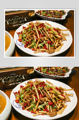 辣椒芋头炒猪皮餐厅菜品摄影图片