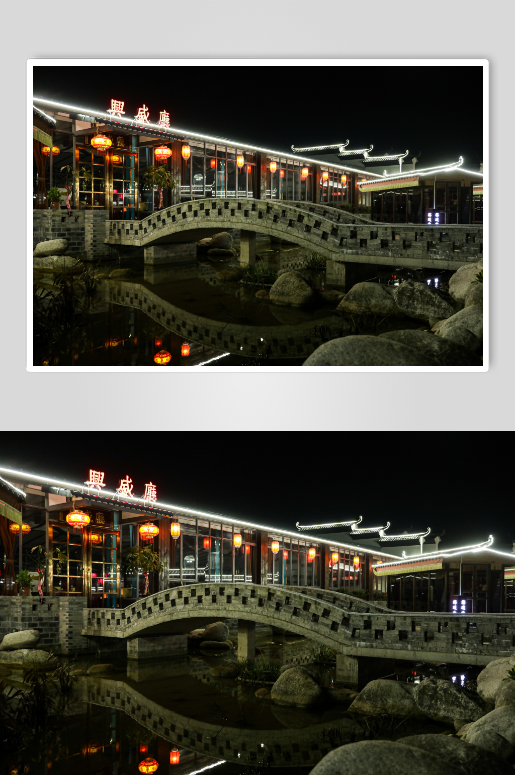 夜晚餐馆河上小桥建筑摄影图片素材