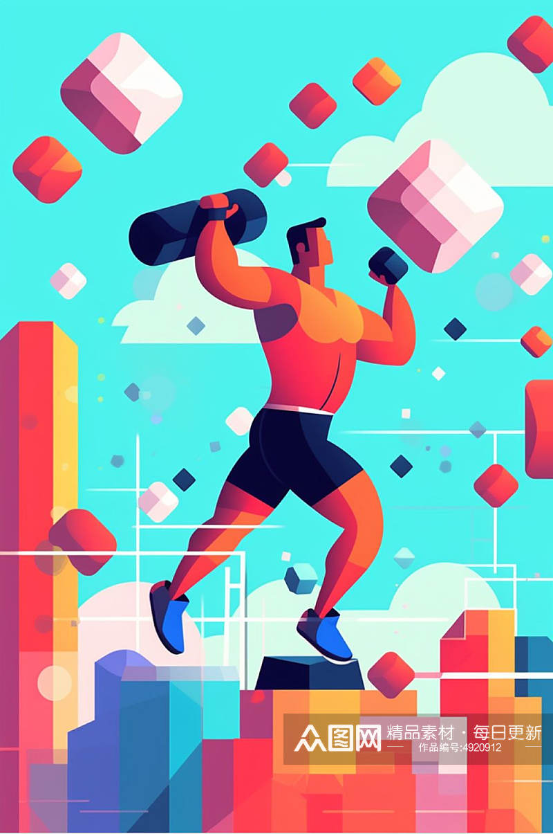 AI数字艺术原创彩色健身运动团体插画素材