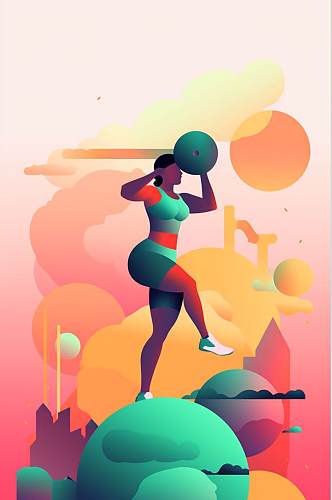 AI数字艺术原创彩色健身运动团体插画