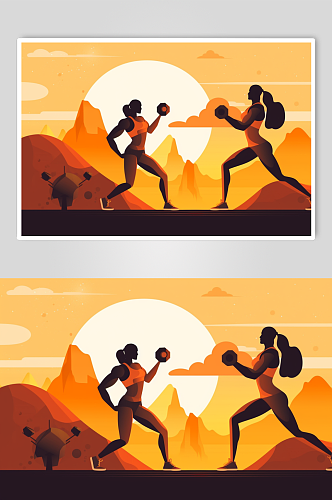AI数字艺术简约彩色健身运动团体插画