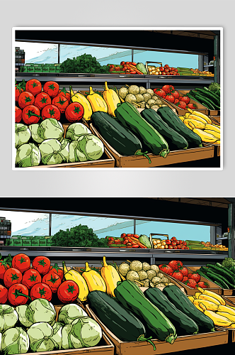 AI数字艺术菜市场生鲜蔬菜市场线条插画
