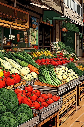 AI数字艺术菜市场生鲜蔬菜市场线条插画