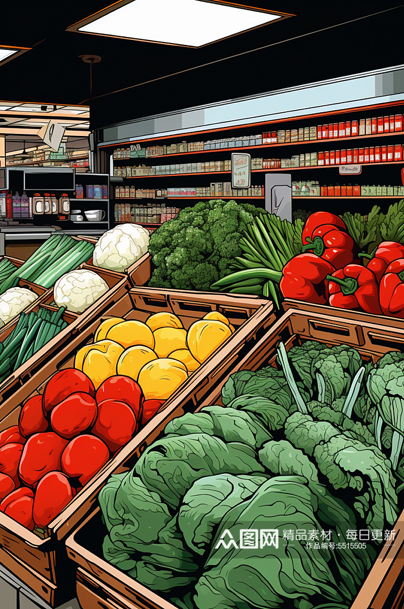 AI数字艺术菜市场生鲜蔬菜市场线条插画素材