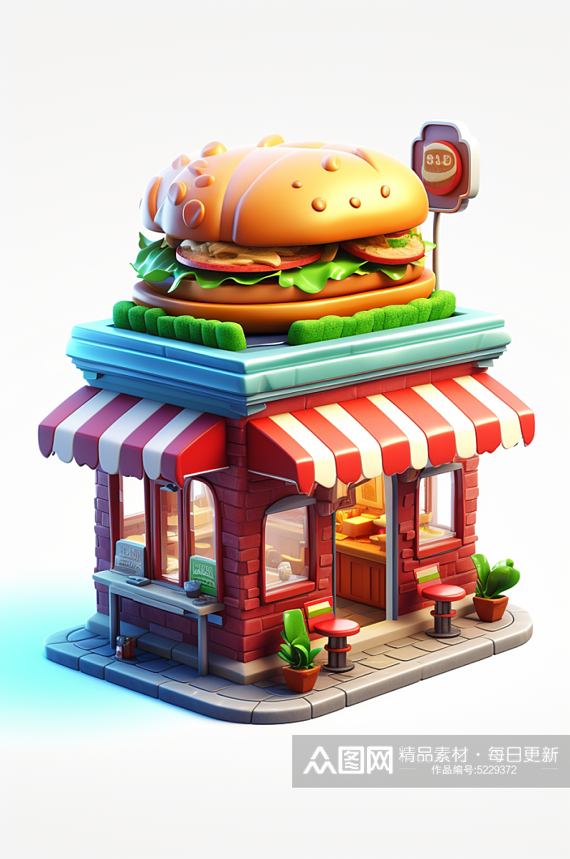 AI数字艺术餐饮美食店铺小场景模型素材