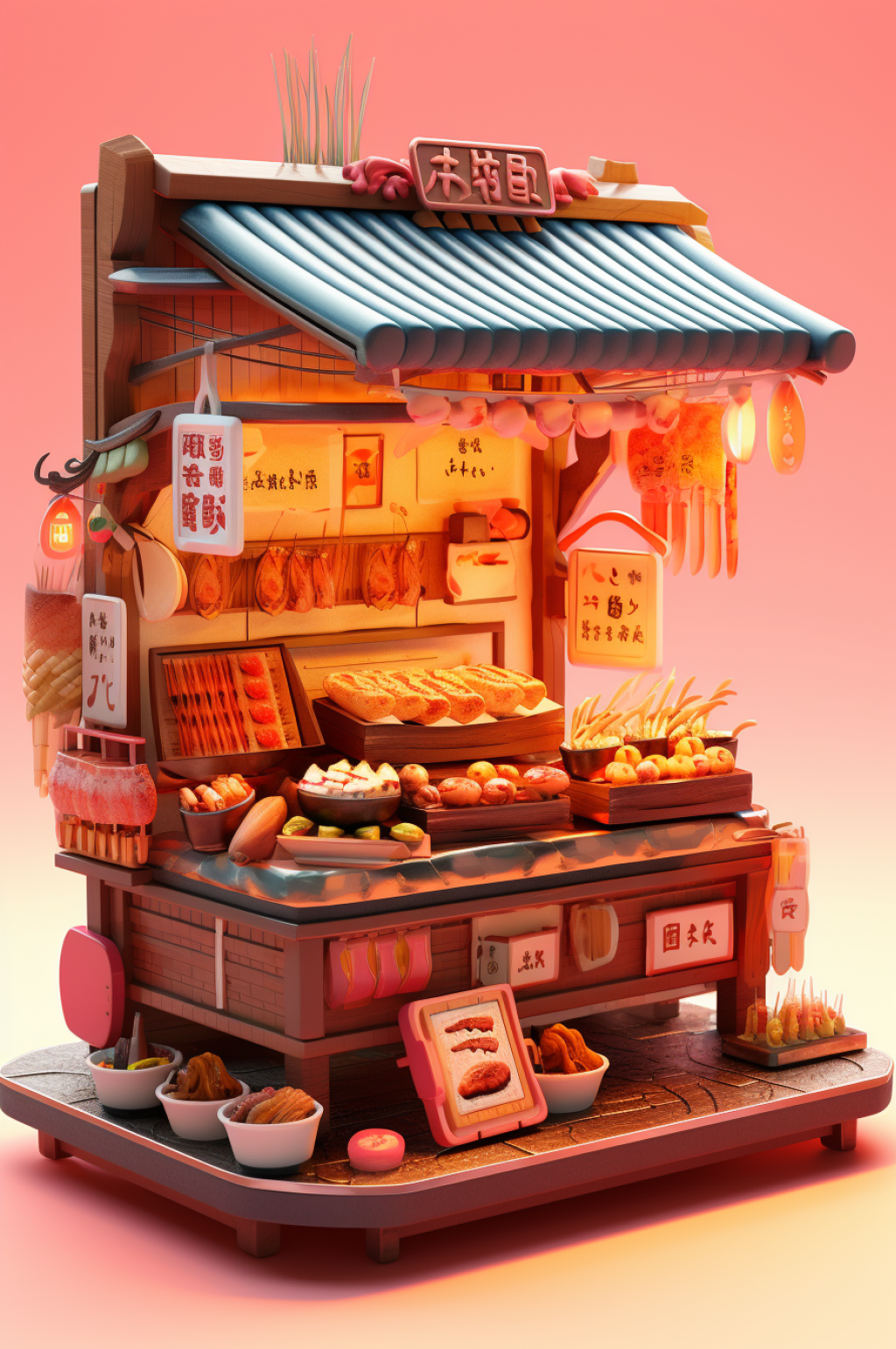 AI数字艺术餐饮美食店铺小场景模型素材