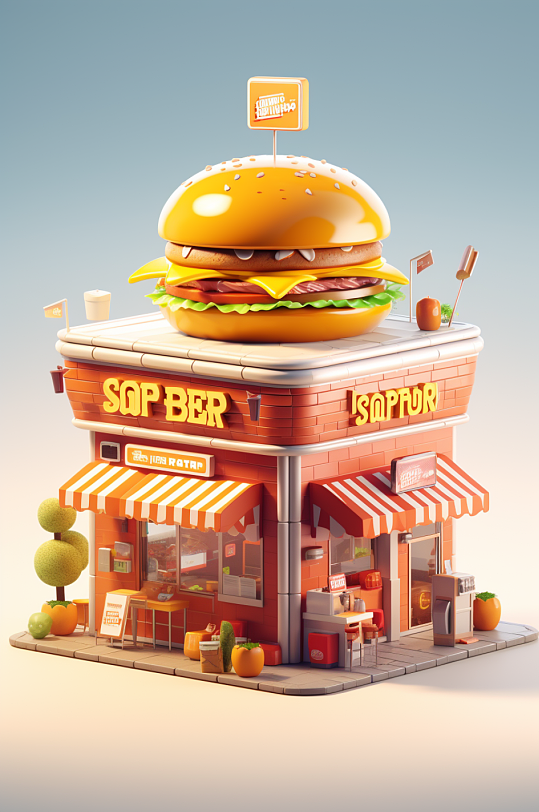 AI数字艺术餐饮美食店铺小场景模型-众图网