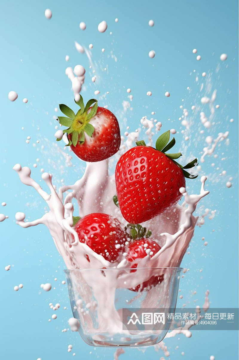 AI数字艺术高清草莓奶昔酸奶液体飞溅模型元素素材