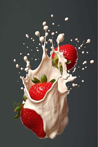 AI数字艺术高清草莓奶昔酸奶液体飞溅模型元素
