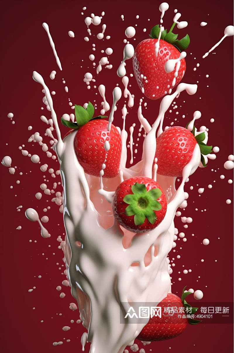 AI数字艺术清新草莓奶昔果汁液体飞溅模型元素素材