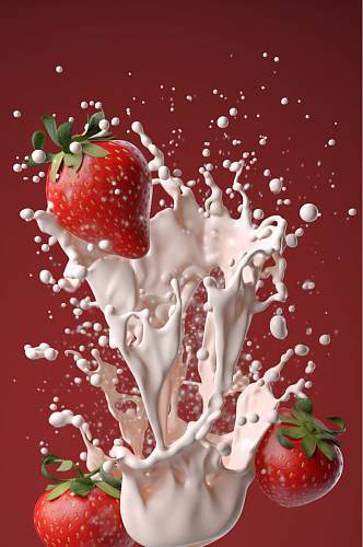 AI数字艺术清新草莓奶昔果汁液体飞溅模型元素