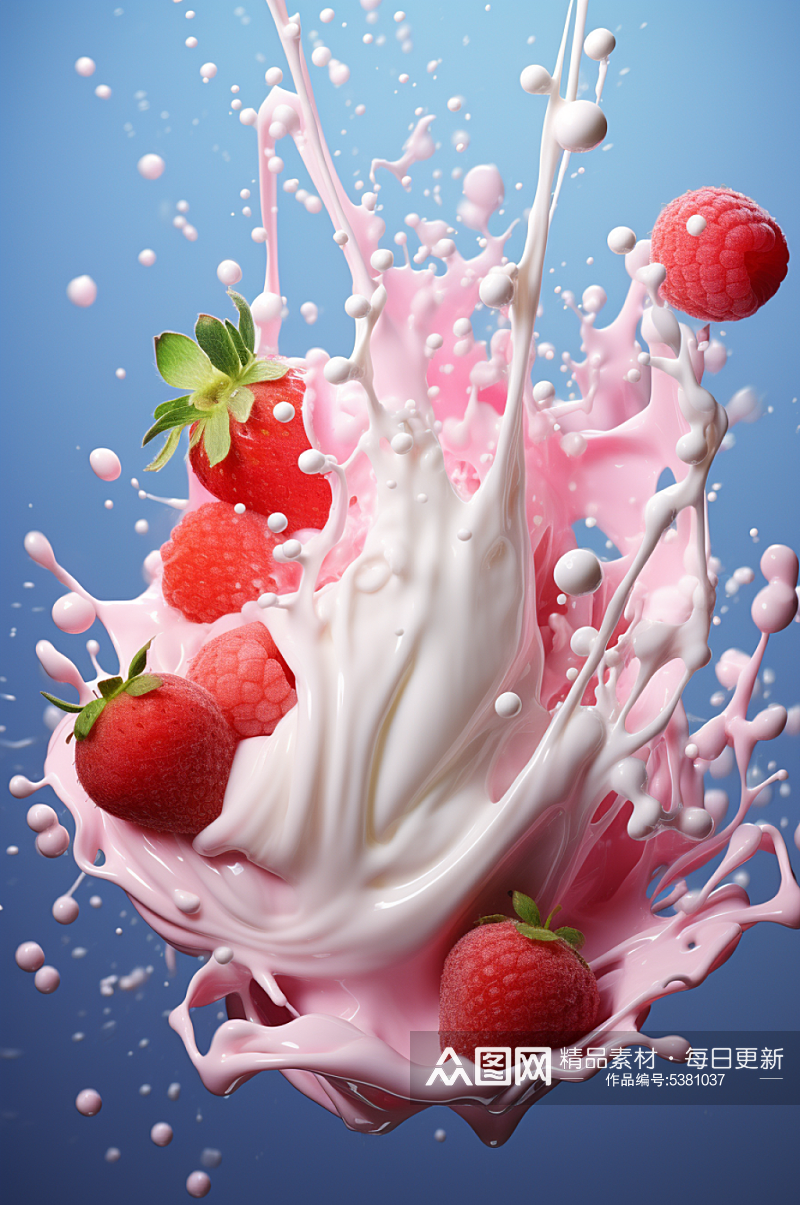 AI数字艺术草莓果汁酸奶液体飞溅模型素材