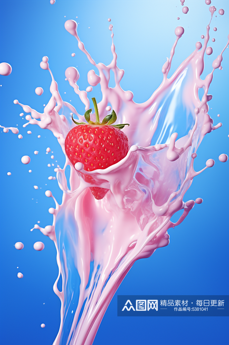 AI数字艺术草莓果汁酸奶液体飞溅模型素材
