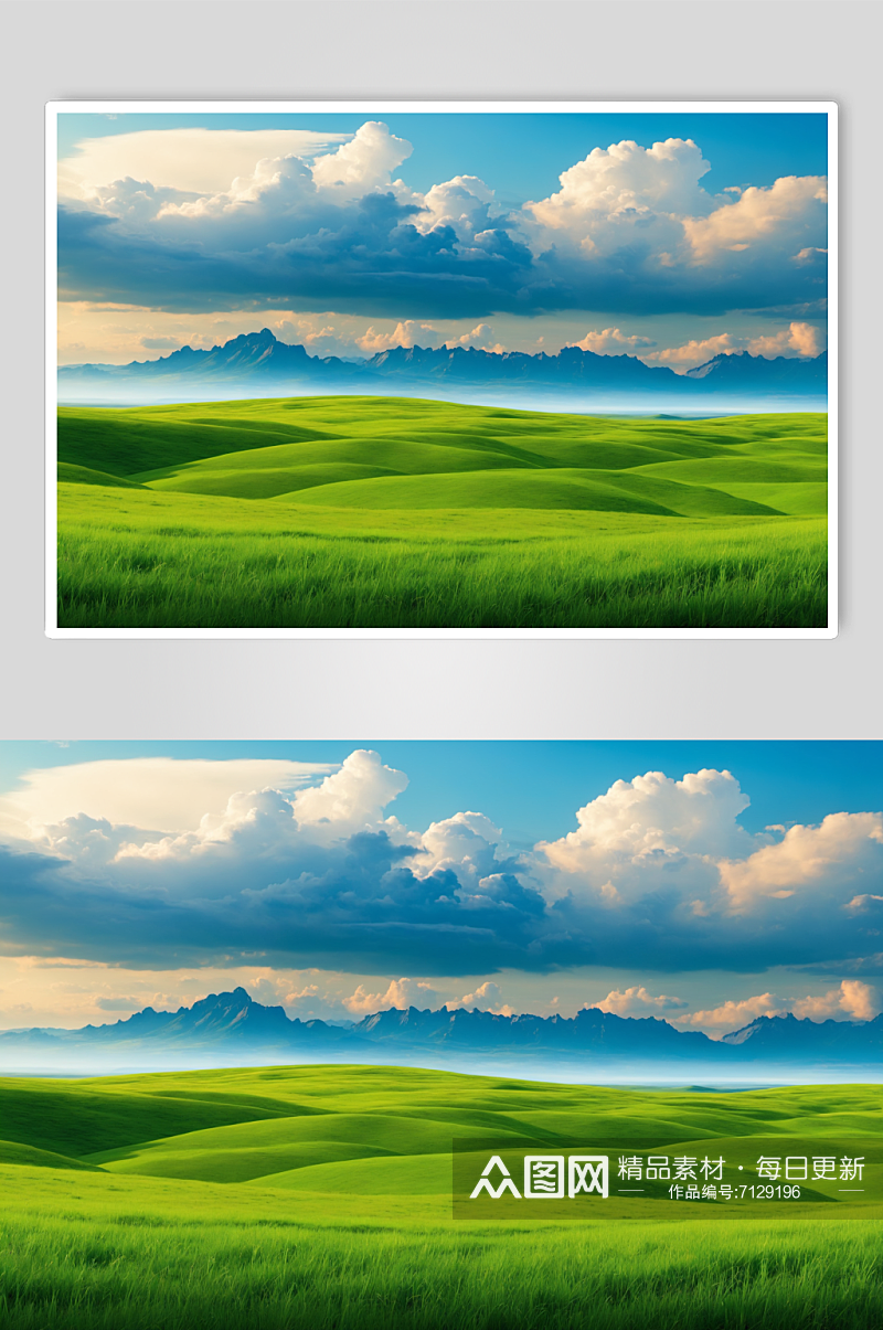 AI数字艺术绿色大草原蓝天白云摄影图素材