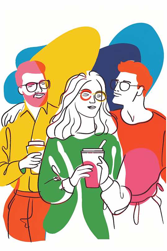 AI数字艺术抽象咖啡店喝咖啡的人物插画-众图网