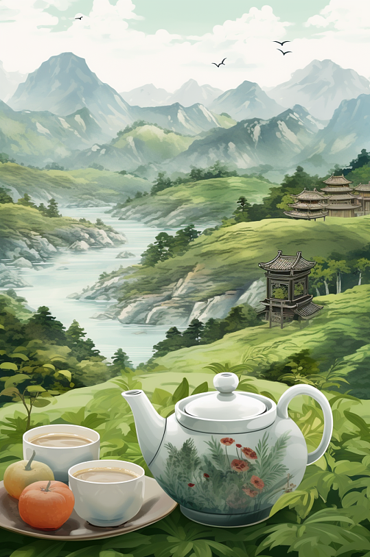 AI数字艺术茶壶山水风景图片