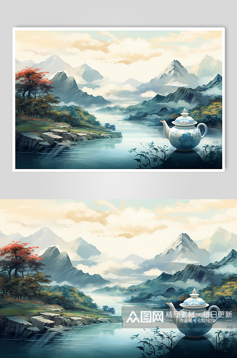 AI数字艺术茶壶山水风景图片素材