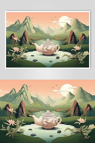AI数字艺术茶壶山水风景图片