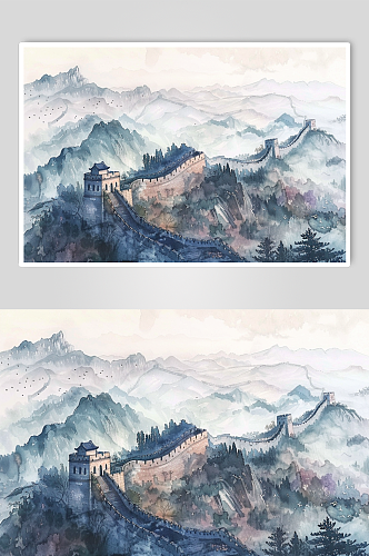 AI数字艺术渐变水墨风万里长城风景插画