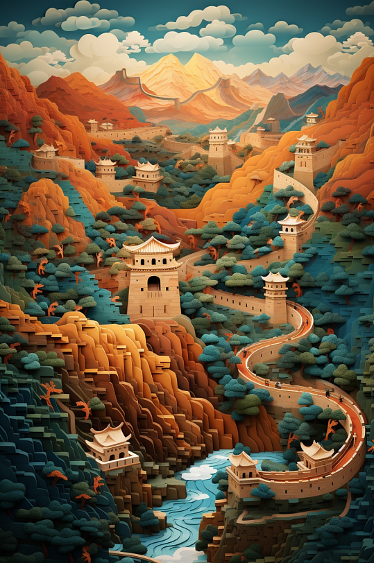 AI数字长城地标剪纸风插画-众图网