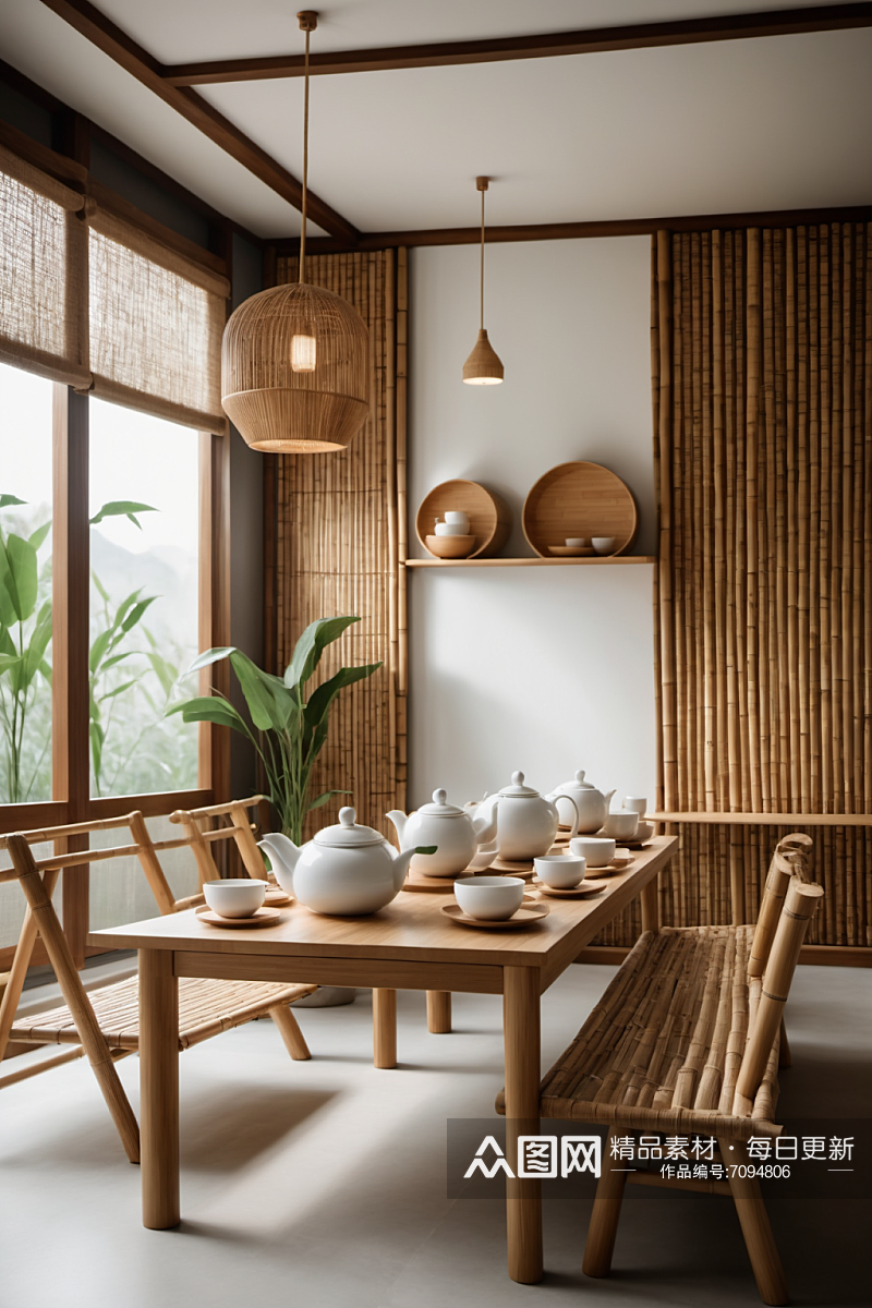 AI数字艺术中式茶艺茶室室内设计效果图素材