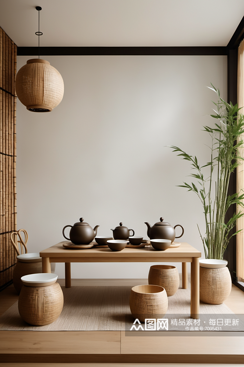 AI数字艺术中式茶艺茶室室内设计效果图素材