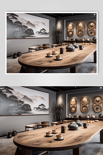 AI数字艺术简约中式茶室室内设计摄影图片