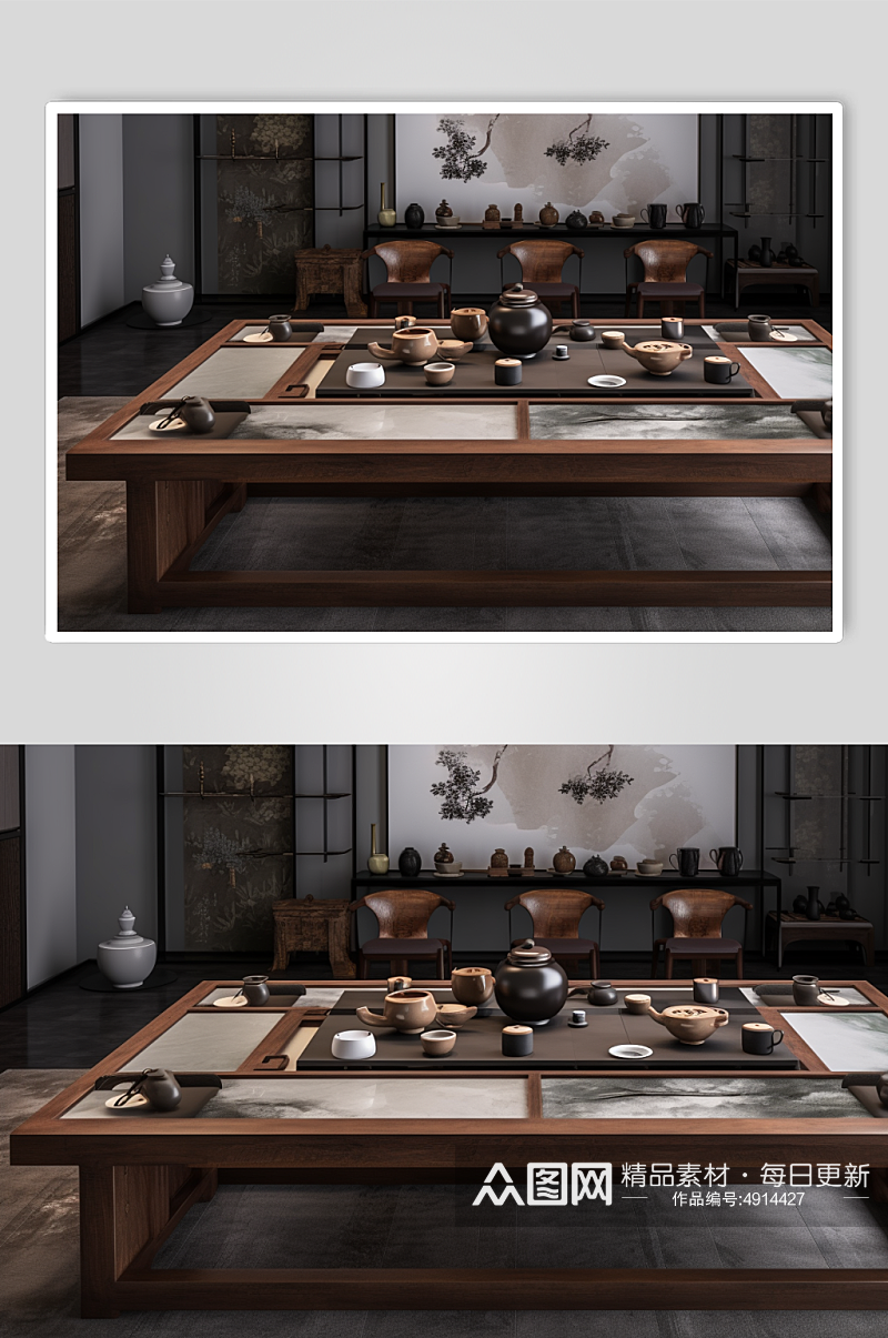 AI数字艺术简约中式茶室室内设计摄影图片素材