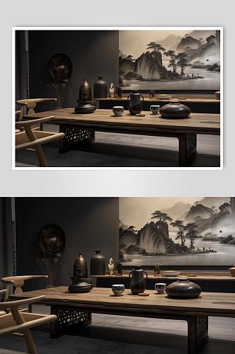 AI数字艺术简约中式茶室室内设计摄影图片