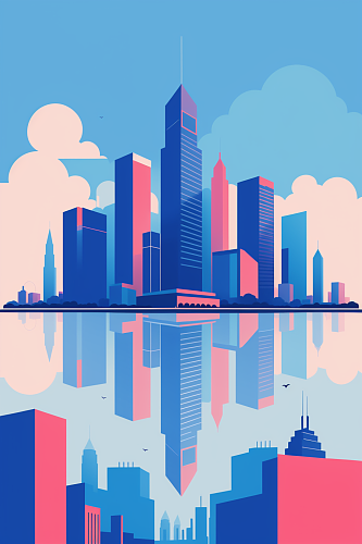 AI数字艺术城市风景剪影扁平插画