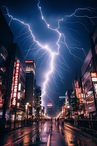 AI数字艺术城市暴雨闪电天气摄影图