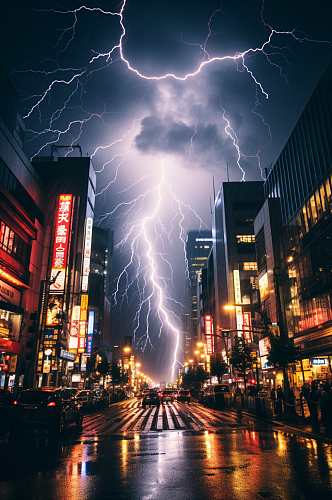 AI数字艺术城市暴雨闪电天气摄影图