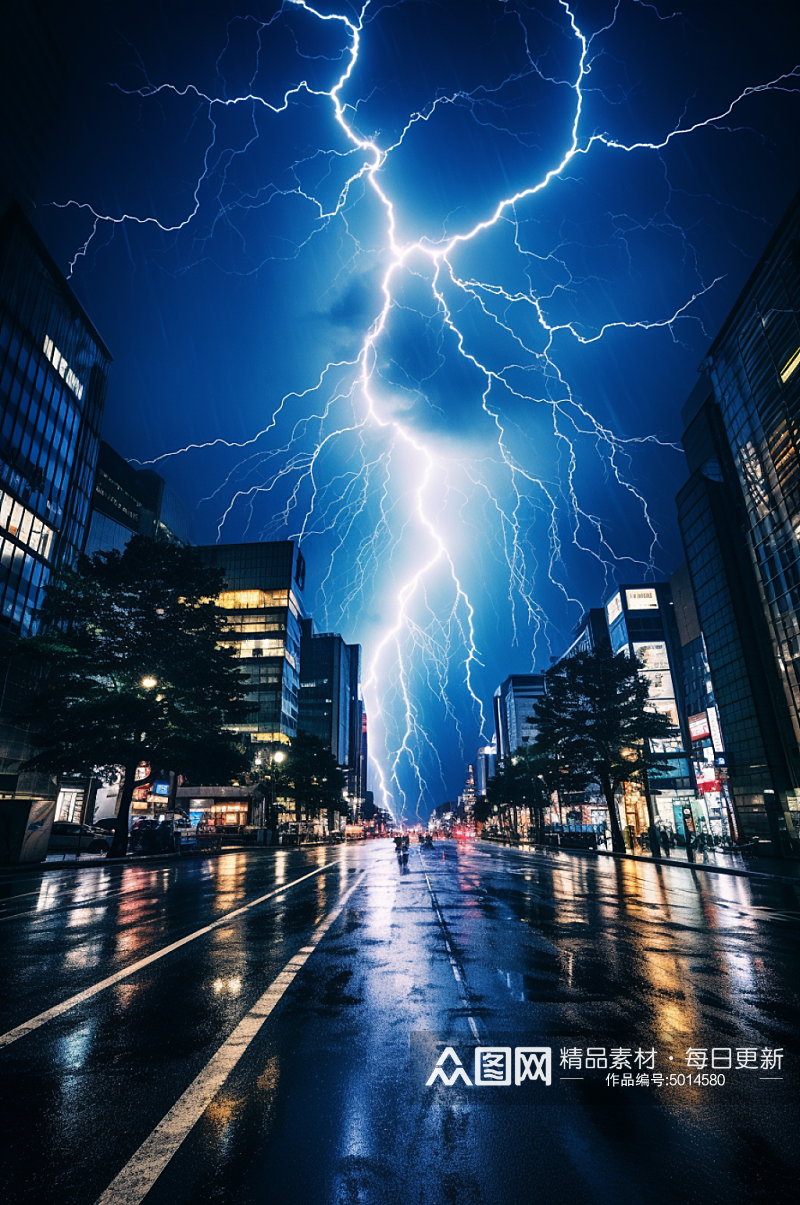 AI数字艺术城市暴雨闪电天气摄影图素材