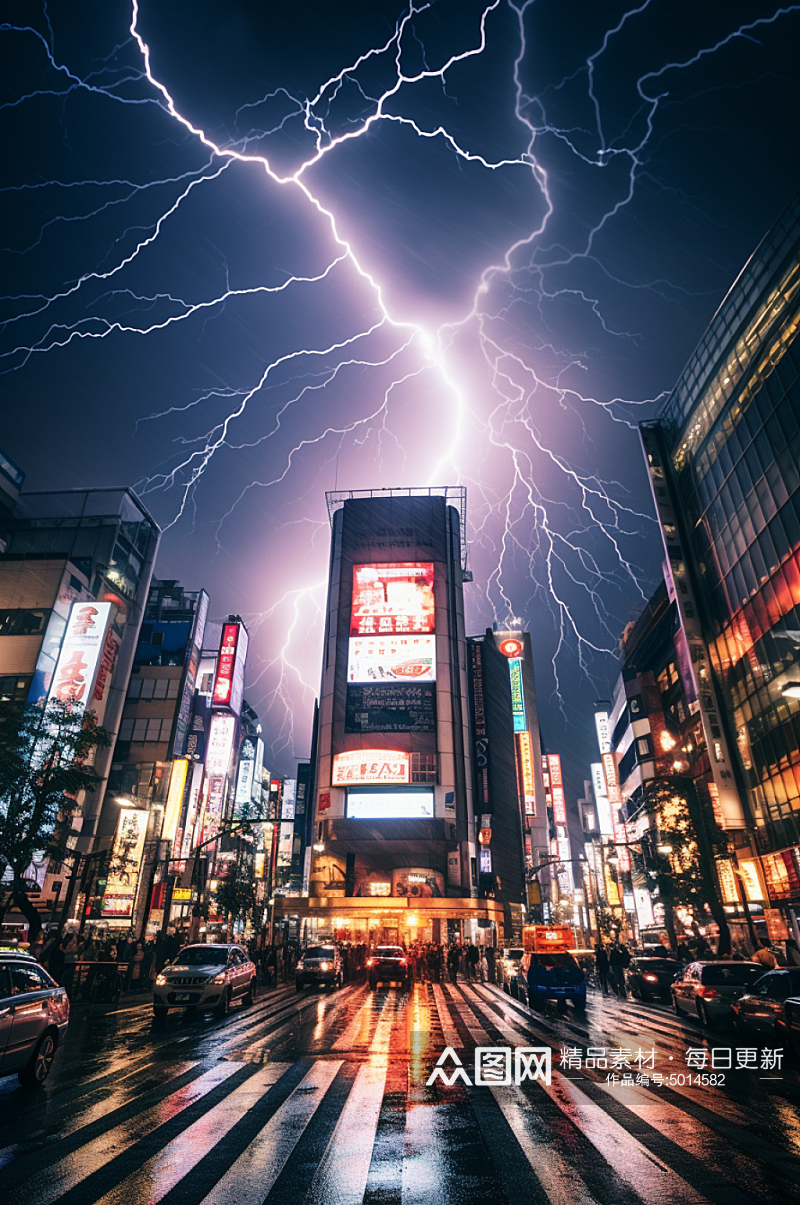 AI数字艺术城市暴雨闪电天气摄影图素材