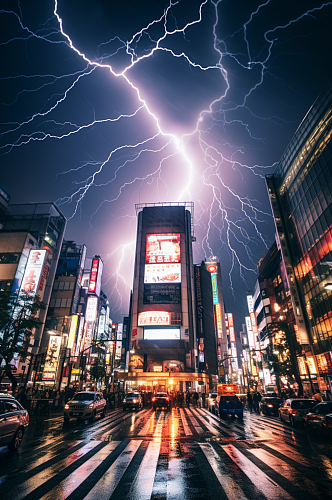 AI数字艺术城市暴雨闪电天气摄影图