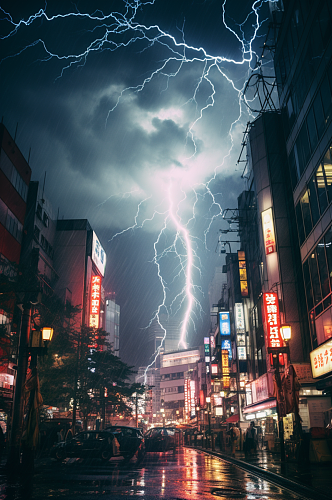 AI数字艺术城市暴雨闪电天气摄影图