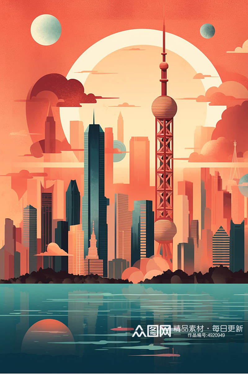 AI数字艺术手绘城市剪影扁平建筑插画素材