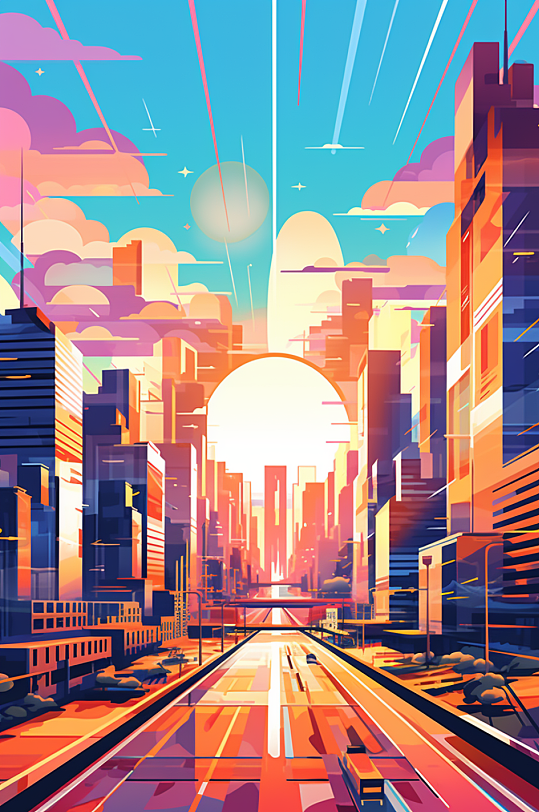 AI数字艺术城市剪影扁平建筑插画-众图网