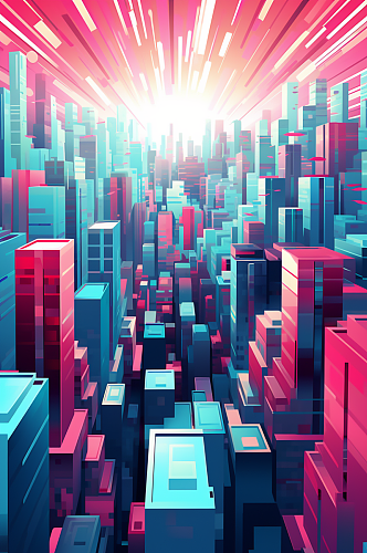 AI数字艺术城市剪影扁平建筑插画