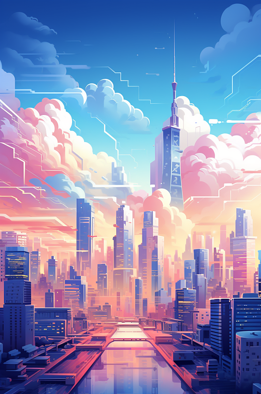 AI数字艺术城市剪影扁平建筑插画-众图网