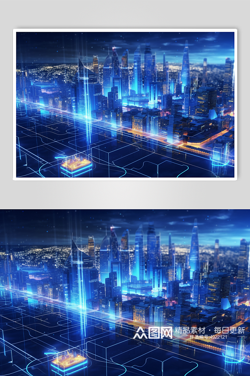 AI数字艺术绚丽科技化城市夜晚背景插画素材