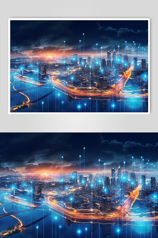 AI数字艺术绚丽科技化城市夜晚背景插画